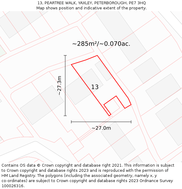 13, PEARTREE WALK, YAXLEY, PETERBOROUGH, PE7 3HQ: Plot and title map