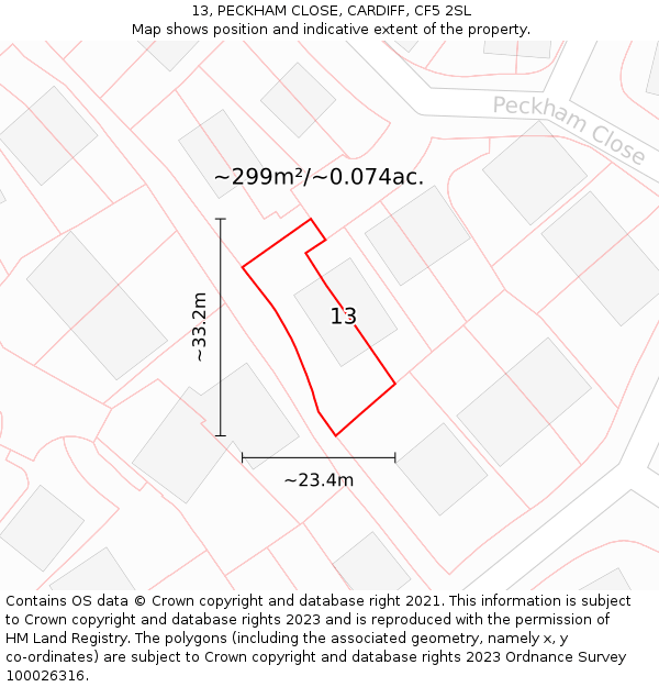 13, PECKHAM CLOSE, CARDIFF, CF5 2SL: Plot and title map