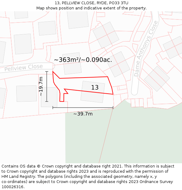 13, PELLVIEW CLOSE, RYDE, PO33 3TU: Plot and title map