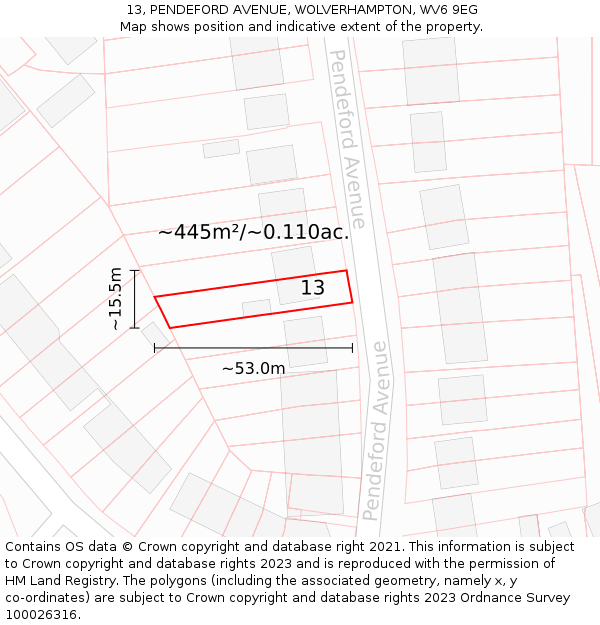 13, PENDEFORD AVENUE, WOLVERHAMPTON, WV6 9EG: Plot and title map