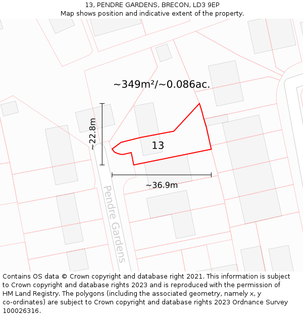 13, PENDRE GARDENS, BRECON, LD3 9EP: Plot and title map