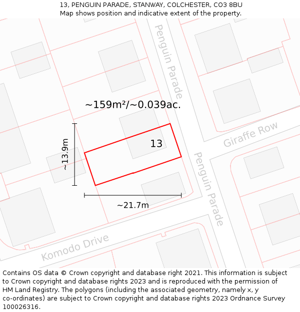 13, PENGUIN PARADE, STANWAY, COLCHESTER, CO3 8BU: Plot and title map