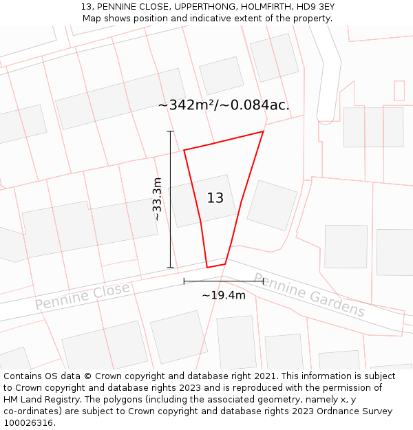 13, PENNINE CLOSE, UPPERTHONG, HOLMFIRTH, HD9 3EY: Plot and title map