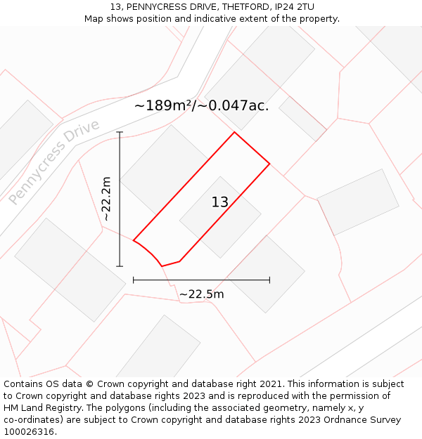 13, PENNYCRESS DRIVE, THETFORD, IP24 2TU: Plot and title map