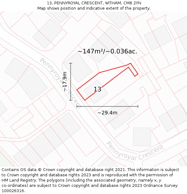 13, PENNYROYAL CRESCENT, WITHAM, CM8 2YN: Plot and title map