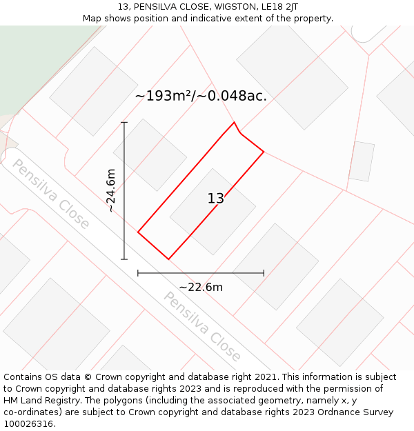 13, PENSILVA CLOSE, WIGSTON, LE18 2JT: Plot and title map