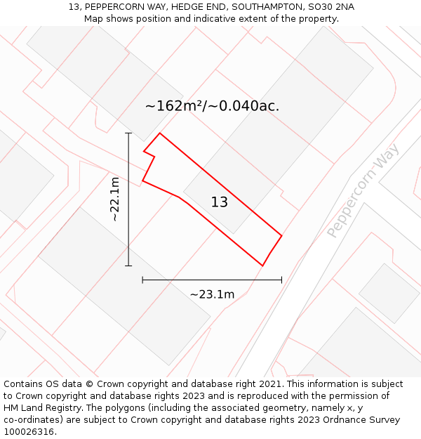 13, PEPPERCORN WAY, HEDGE END, SOUTHAMPTON, SO30 2NA: Plot and title map