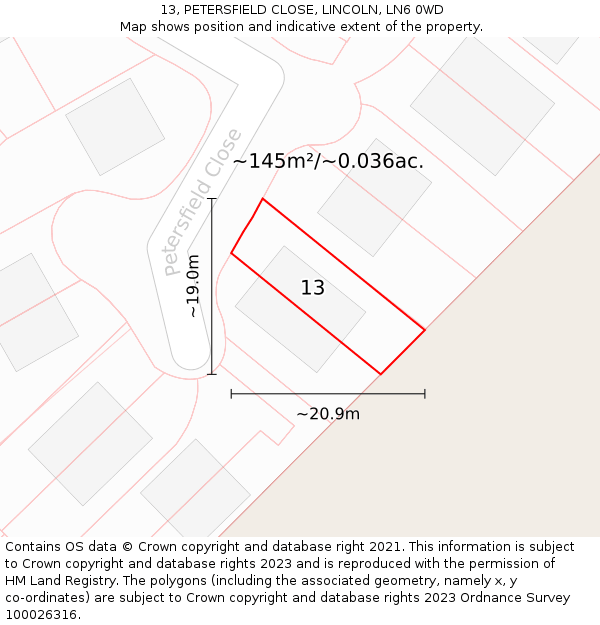 13, PETERSFIELD CLOSE, LINCOLN, LN6 0WD: Plot and title map