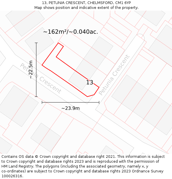 13, PETUNIA CRESCENT, CHELMSFORD, CM1 6YP: Plot and title map
