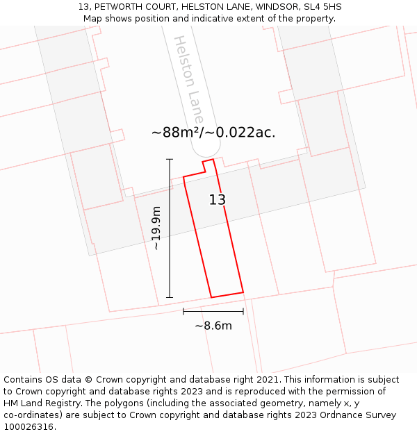 13, PETWORTH COURT, HELSTON LANE, WINDSOR, SL4 5HS: Plot and title map