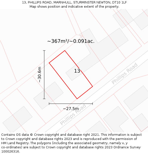 13, PHILLIPS ROAD, MARNHULL, STURMINSTER NEWTON, DT10 1LF: Plot and title map