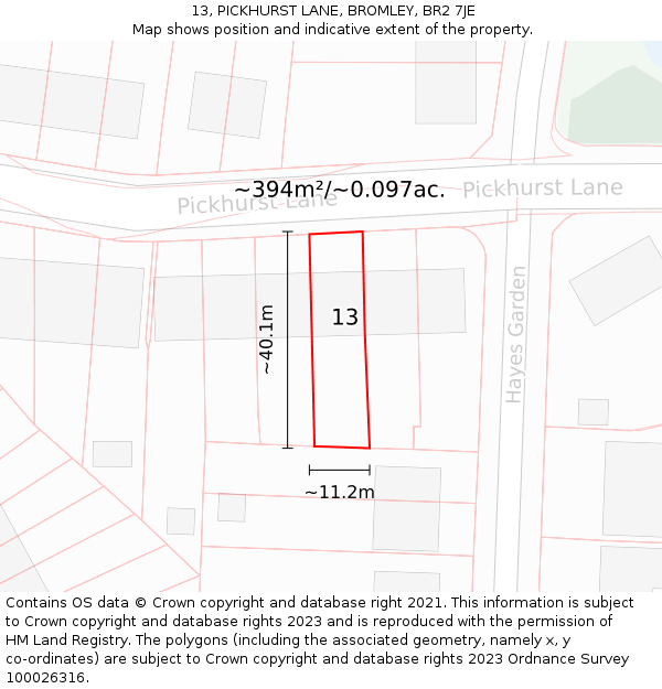 13, PICKHURST LANE, BROMLEY, BR2 7JE: Plot and title map