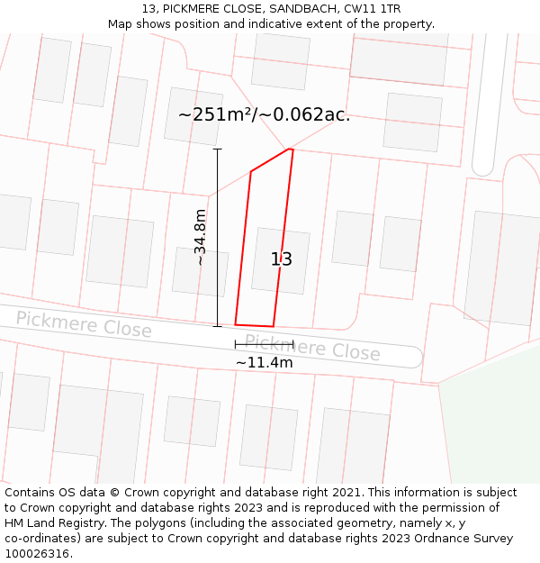 13, PICKMERE CLOSE, SANDBACH, CW11 1TR: Plot and title map