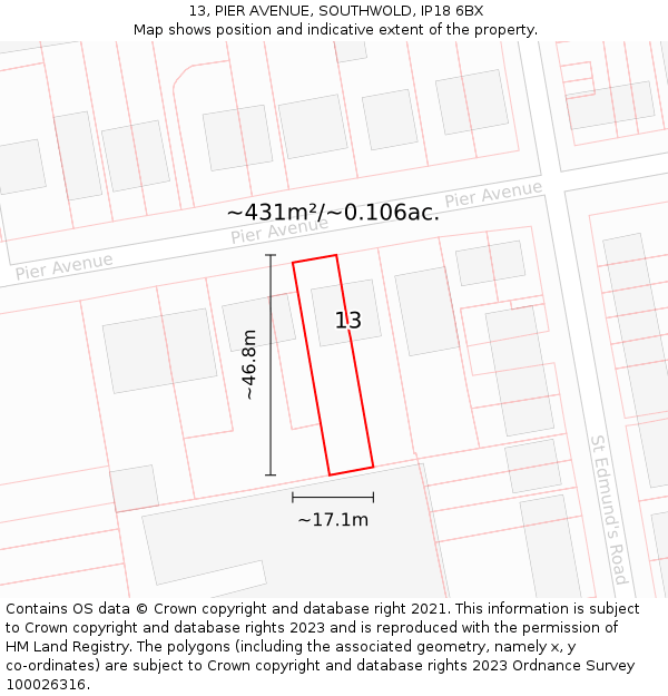 13, PIER AVENUE, SOUTHWOLD, IP18 6BX: Plot and title map