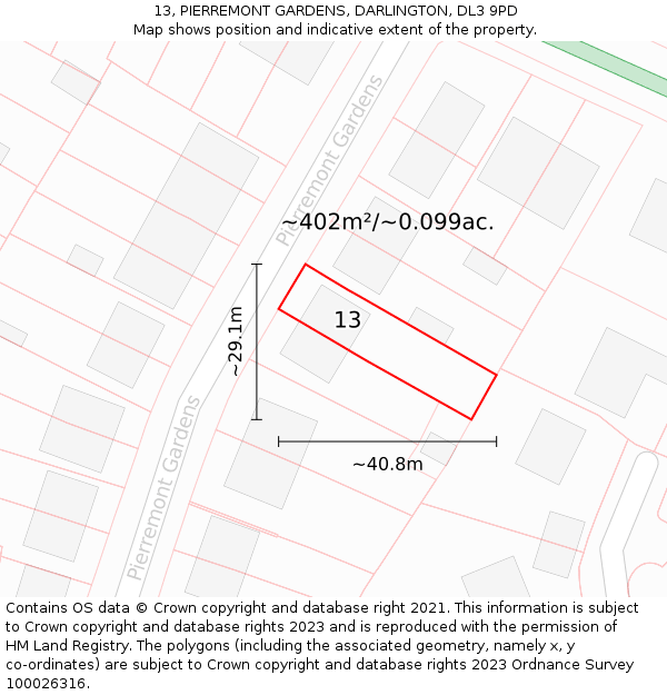 13, PIERREMONT GARDENS, DARLINGTON, DL3 9PD: Plot and title map
