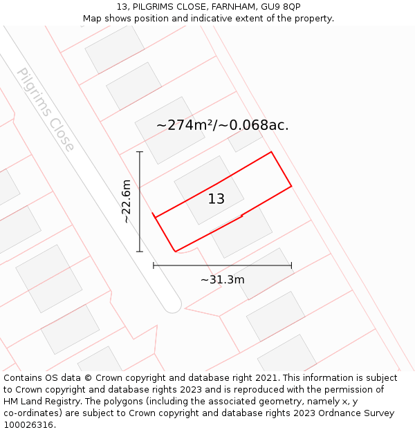 13, PILGRIMS CLOSE, FARNHAM, GU9 8QP: Plot and title map