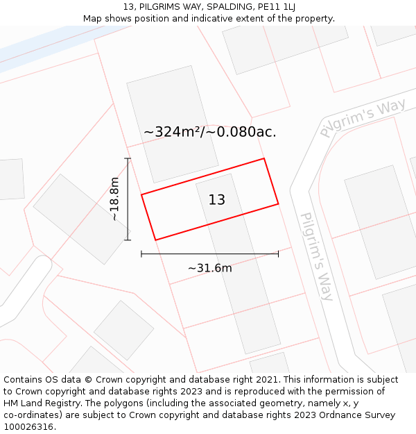 13, PILGRIMS WAY, SPALDING, PE11 1LJ: Plot and title map