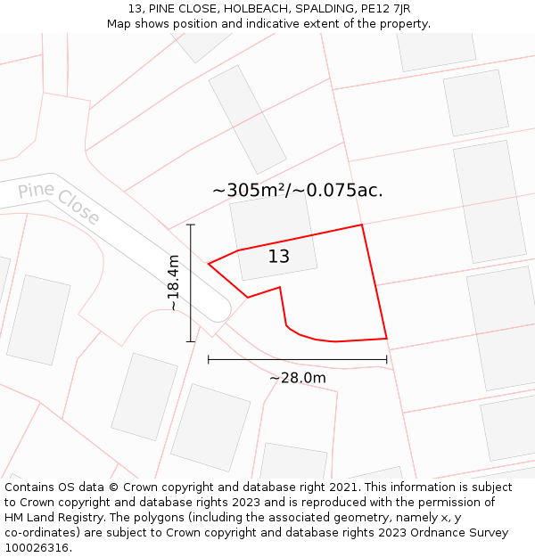 13, PINE CLOSE, HOLBEACH, SPALDING, PE12 7JR: Plot and title map