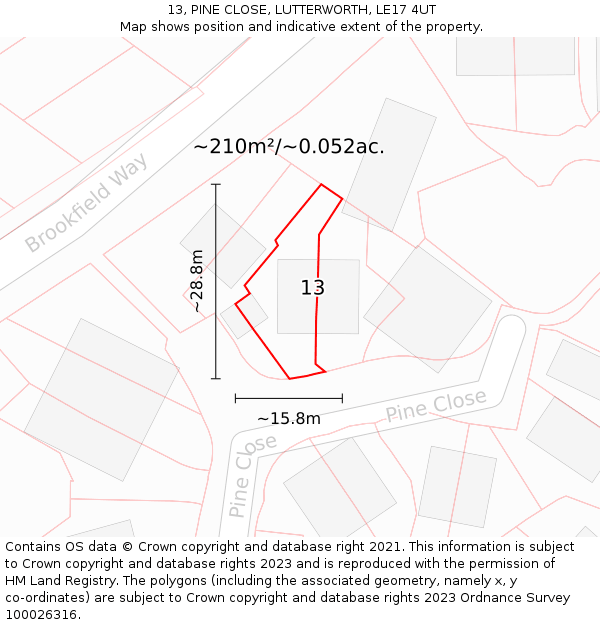 13, PINE CLOSE, LUTTERWORTH, LE17 4UT: Plot and title map