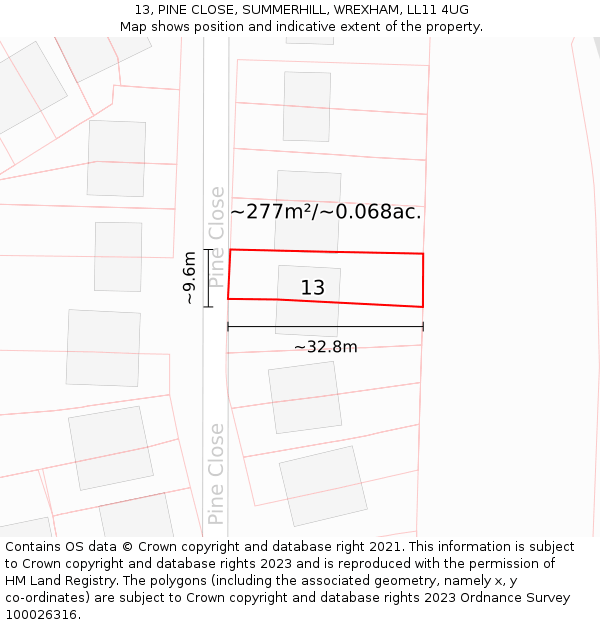 13, PINE CLOSE, SUMMERHILL, WREXHAM, LL11 4UG: Plot and title map