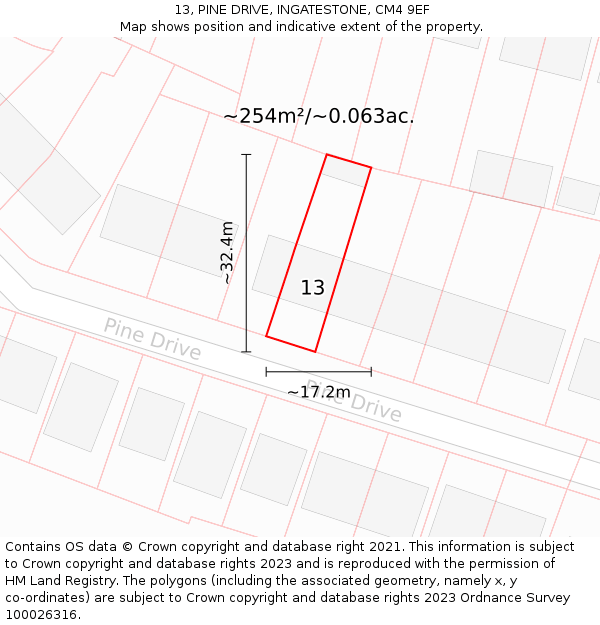 13, PINE DRIVE, INGATESTONE, CM4 9EF: Plot and title map