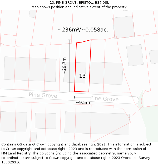 13, PINE GROVE, BRISTOL, BS7 0SL: Plot and title map
