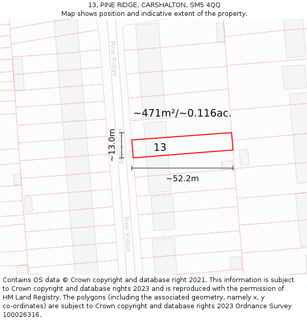 13, PINE RIDGE, CARSHALTON, SM5 4QQ: Plot and title map