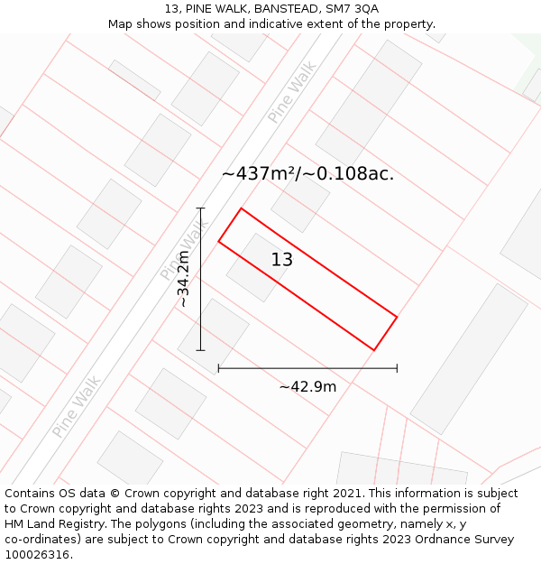 13, PINE WALK, BANSTEAD, SM7 3QA: Plot and title map