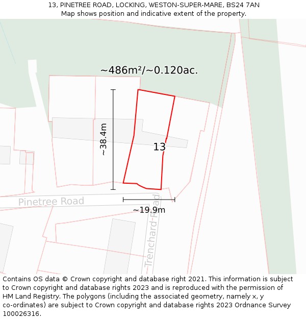 13, PINETREE ROAD, LOCKING, WESTON-SUPER-MARE, BS24 7AN: Plot and title map