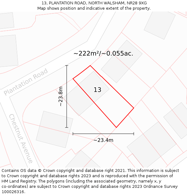 13, PLANTATION ROAD, NORTH WALSHAM, NR28 9XG: Plot and title map