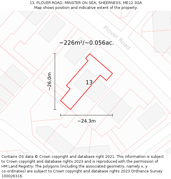 13, PLOVER ROAD, MINSTER ON SEA, SHEERNESS, ME12 3GA: Plot and title map