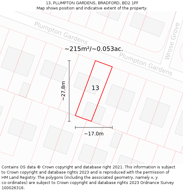 13, PLUMPTON GARDENS, BRADFORD, BD2 1PF: Plot and title map