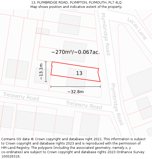 13, PLYMBRIDGE ROAD, PLYMPTON, PLYMOUTH, PL7 4LQ: Plot and title map