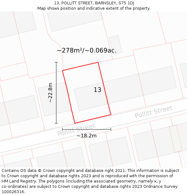 13, POLLITT STREET, BARNSLEY, S75 1DJ: Plot and title map