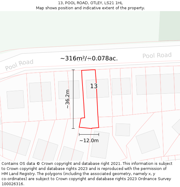 13, POOL ROAD, OTLEY, LS21 1HL: Plot and title map