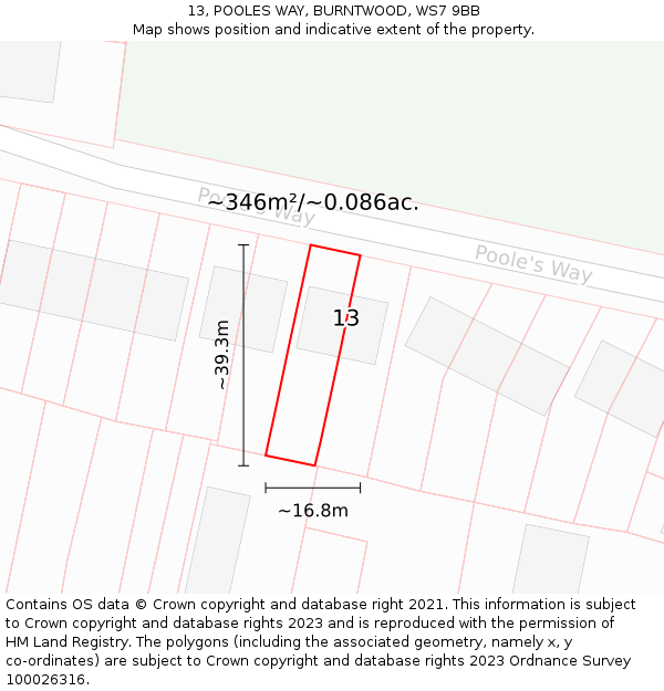 13, POOLES WAY, BURNTWOOD, WS7 9BB: Plot and title map