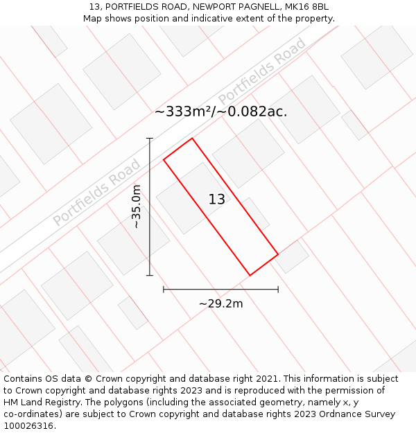 13, PORTFIELDS ROAD, NEWPORT PAGNELL, MK16 8BL: Plot and title map