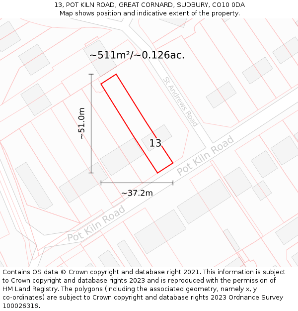 13, POT KILN ROAD, GREAT CORNARD, SUDBURY, CO10 0DA: Plot and title map
