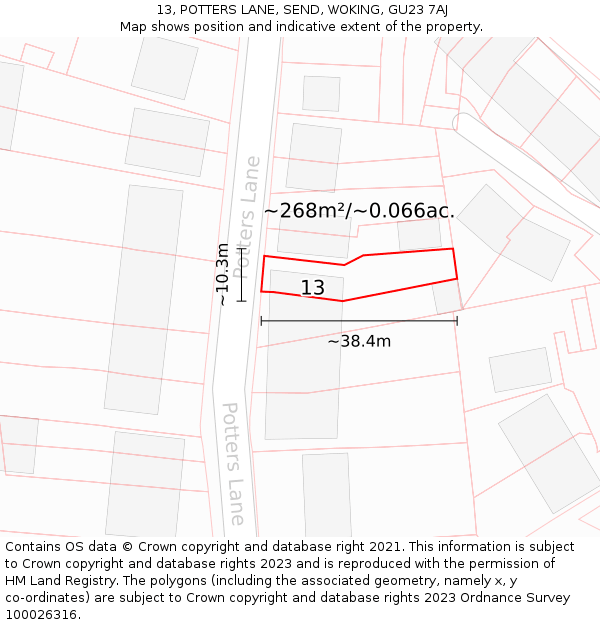 13, POTTERS LANE, SEND, WOKING, GU23 7AJ: Plot and title map