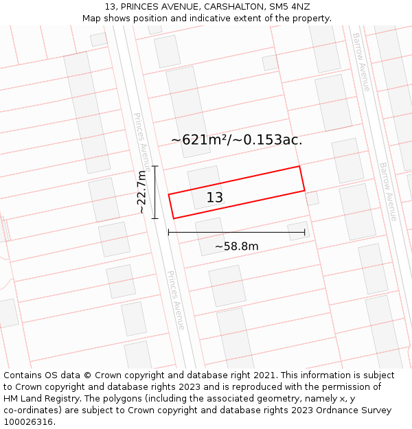 13, PRINCES AVENUE, CARSHALTON, SM5 4NZ: Plot and title map