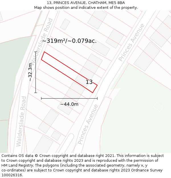 13, PRINCES AVENUE, CHATHAM, ME5 8BA: Plot and title map