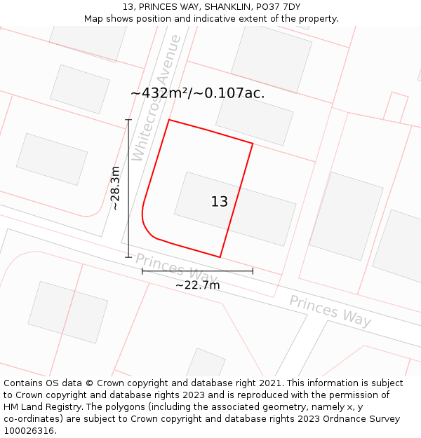 13, PRINCES WAY, SHANKLIN, PO37 7DY: Plot and title map