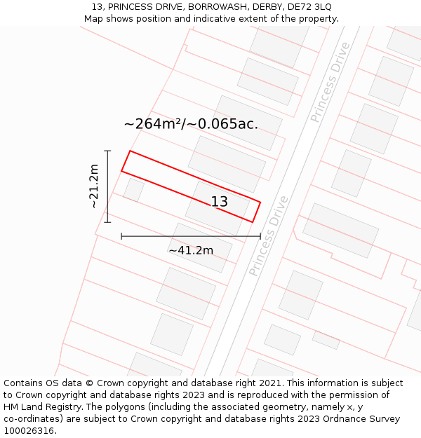13, PRINCESS DRIVE, BORROWASH, DERBY, DE72 3LQ: Plot and title map