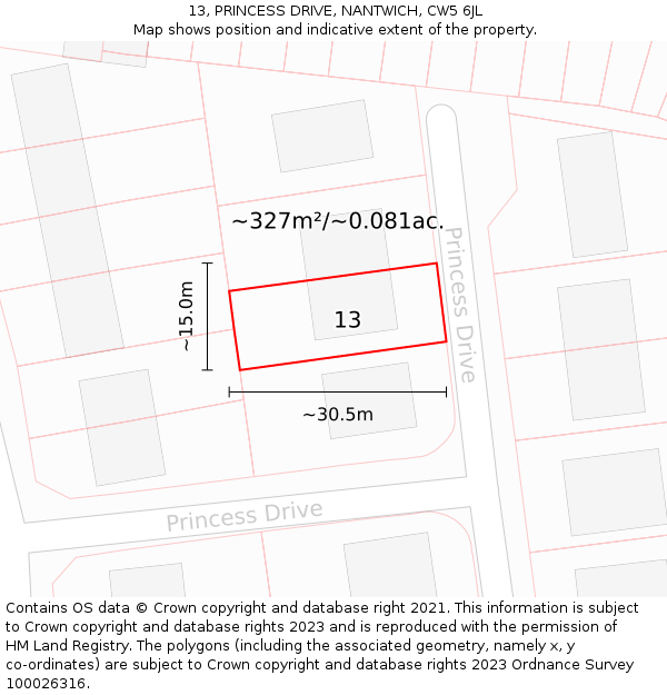 13, PRINCESS DRIVE, NANTWICH, CW5 6JL: Plot and title map