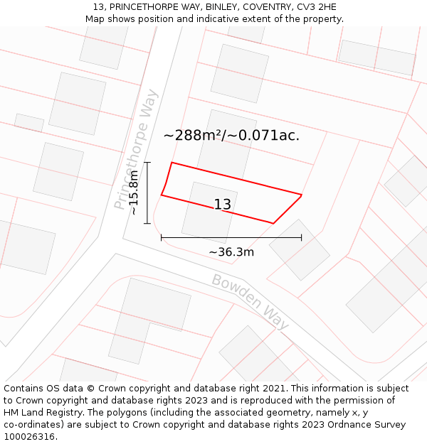 13, PRINCETHORPE WAY, BINLEY, COVENTRY, CV3 2HE: Plot and title map