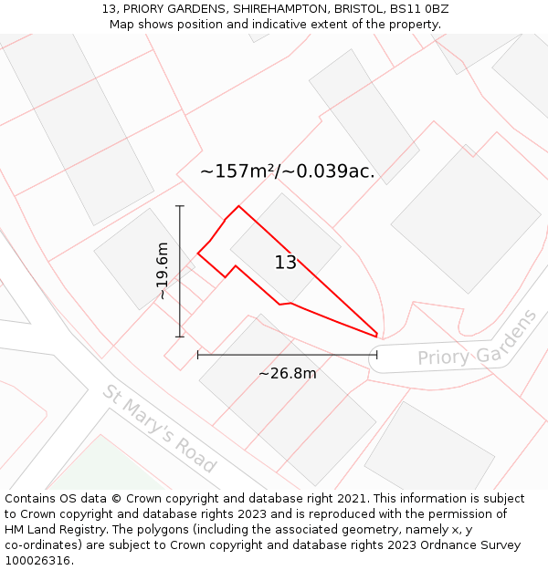 13, PRIORY GARDENS, SHIREHAMPTON, BRISTOL, BS11 0BZ: Plot and title map