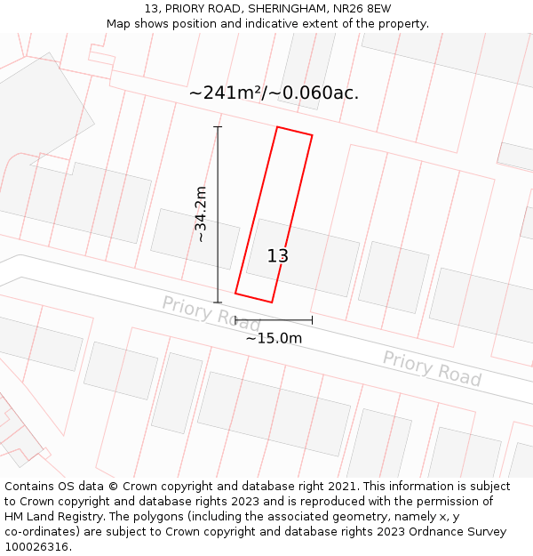 13, PRIORY ROAD, SHERINGHAM, NR26 8EW: Plot and title map