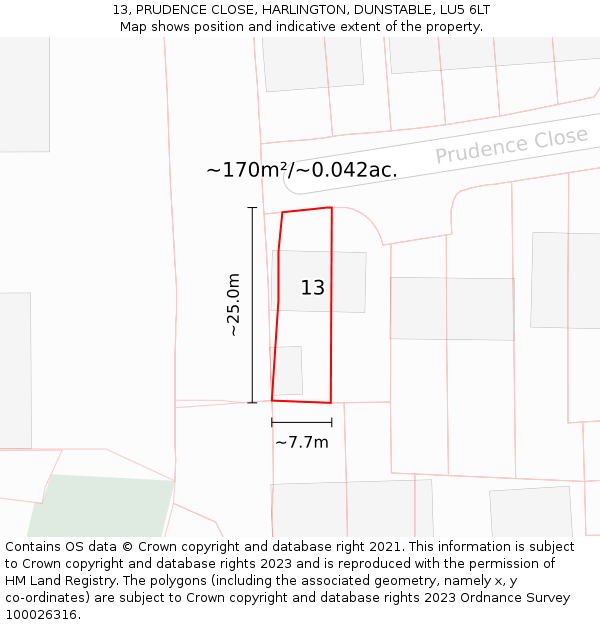 13, PRUDENCE CLOSE, HARLINGTON, DUNSTABLE, LU5 6LT: Plot and title map