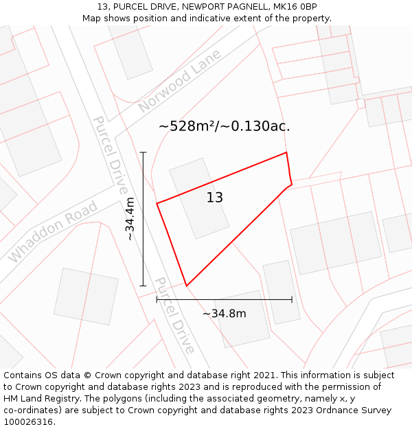 13, PURCEL DRIVE, NEWPORT PAGNELL, MK16 0BP: Plot and title map