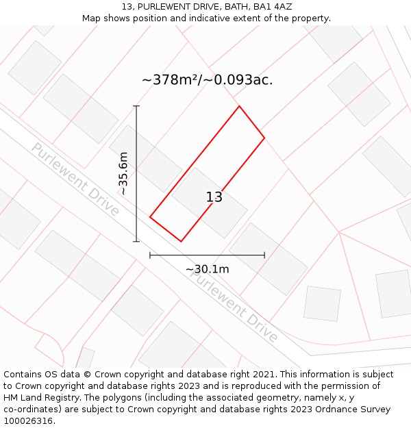 13, PURLEWENT DRIVE, BATH, BA1 4AZ: Plot and title map